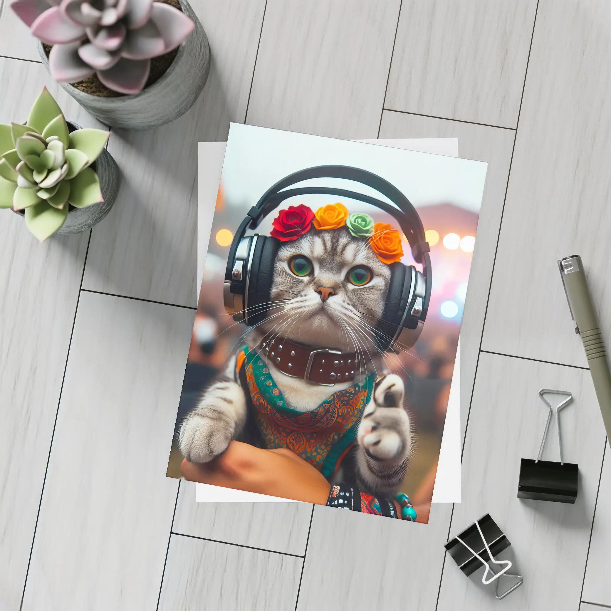 Festival Cat With Headphones And Flowers – Postcards