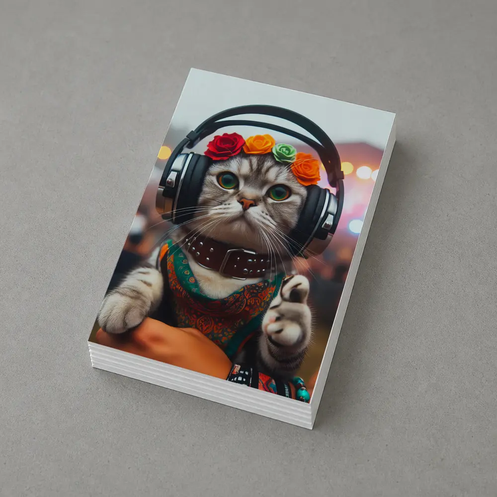 Festival Cat With Headphones And Flowers – Postcards