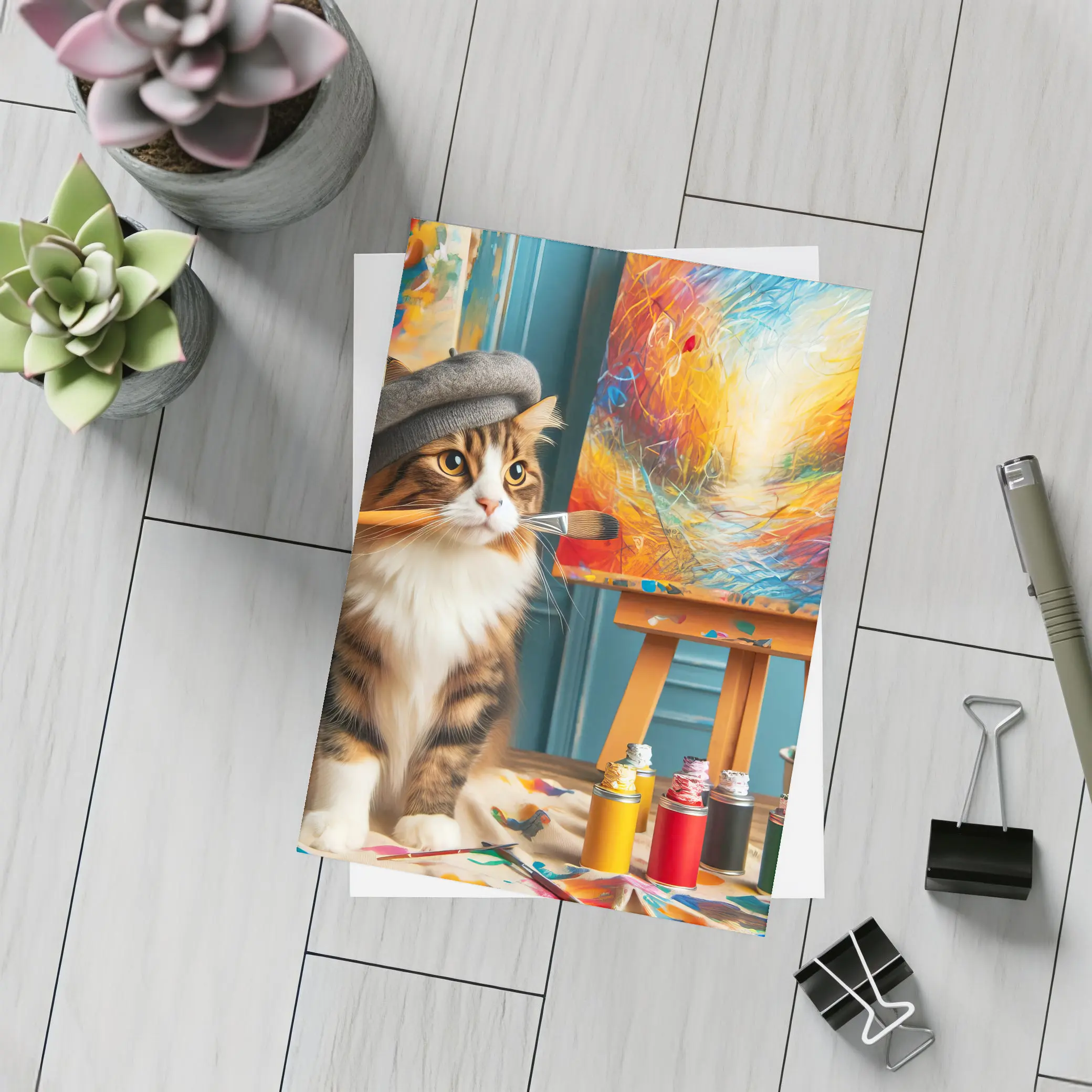 Tabby Cat Artist Beret Painting Studio – Postcards