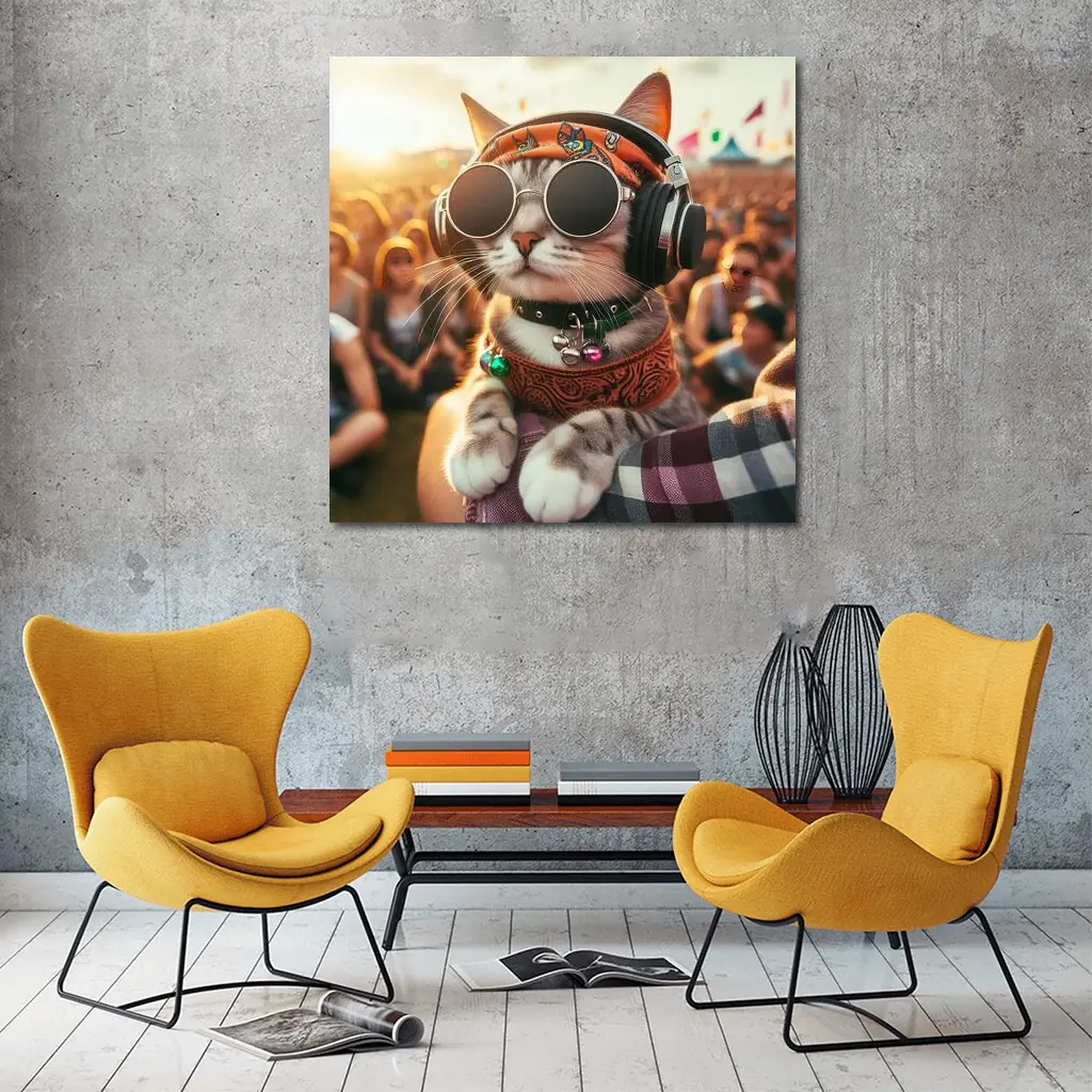 Festival Cat Wearing Sunglasses and Headphones – Wall Art