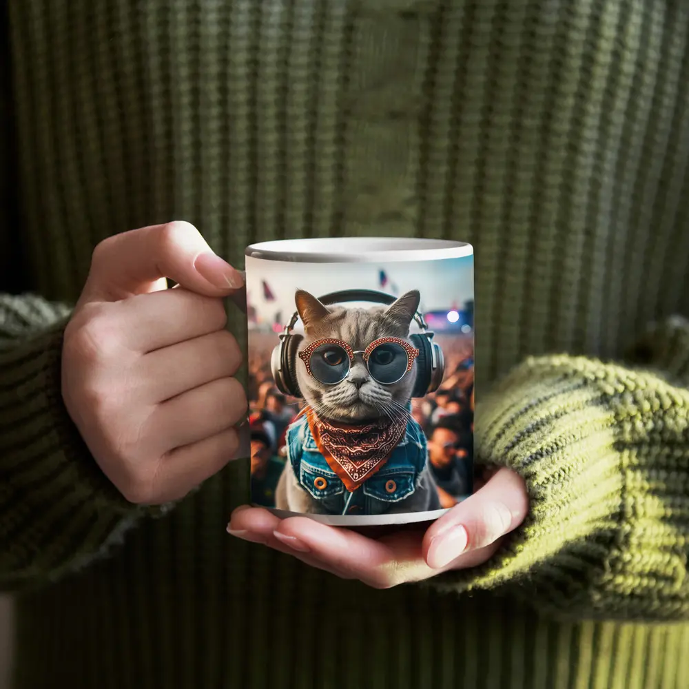 Cool Cat DJ Headphones Music Festival Crowd – Mugs