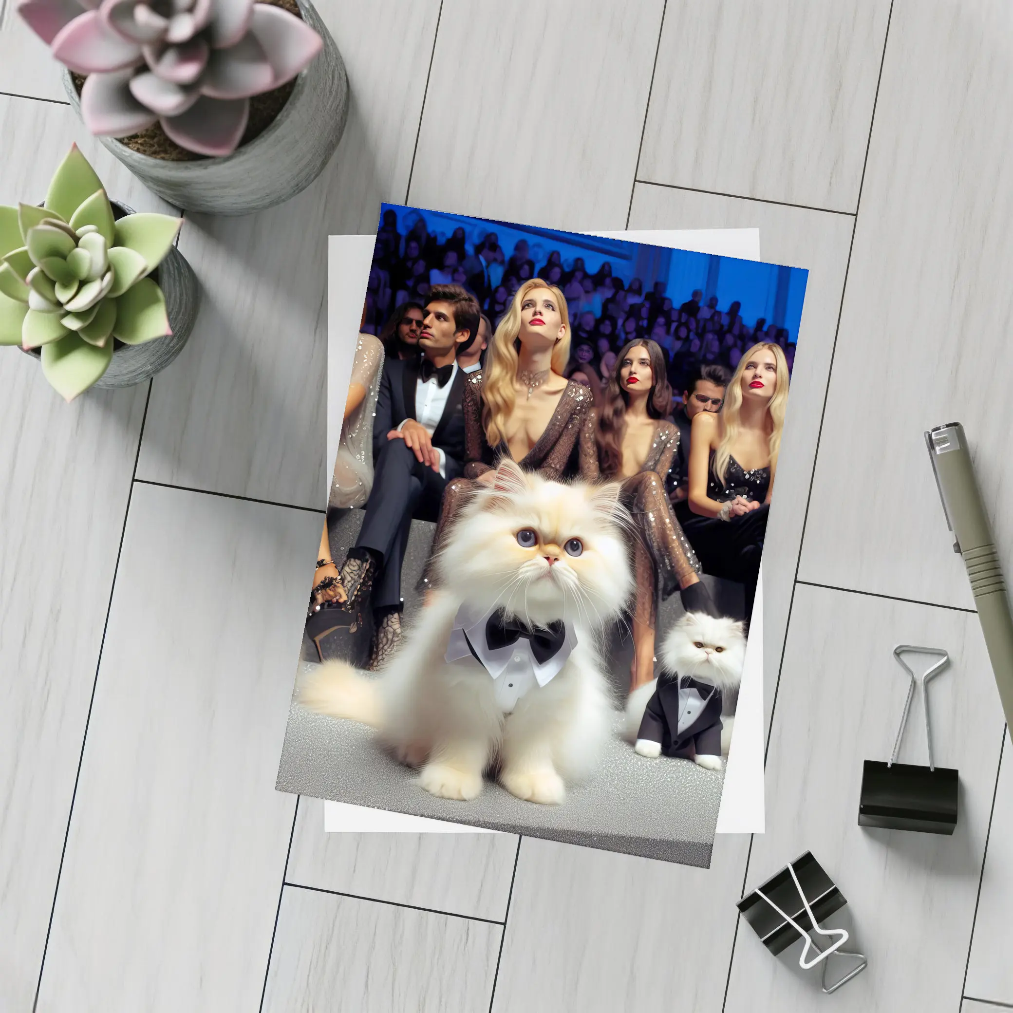 Persian Cats In Tuxedos At Fashion Show – Postcards