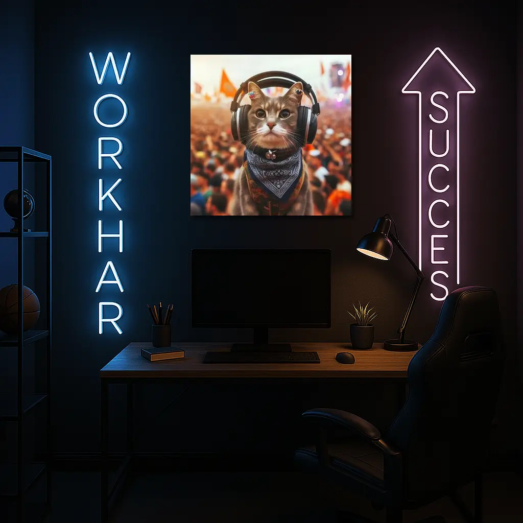 Cool Cat With Headphones At Music Festival – Wall Art