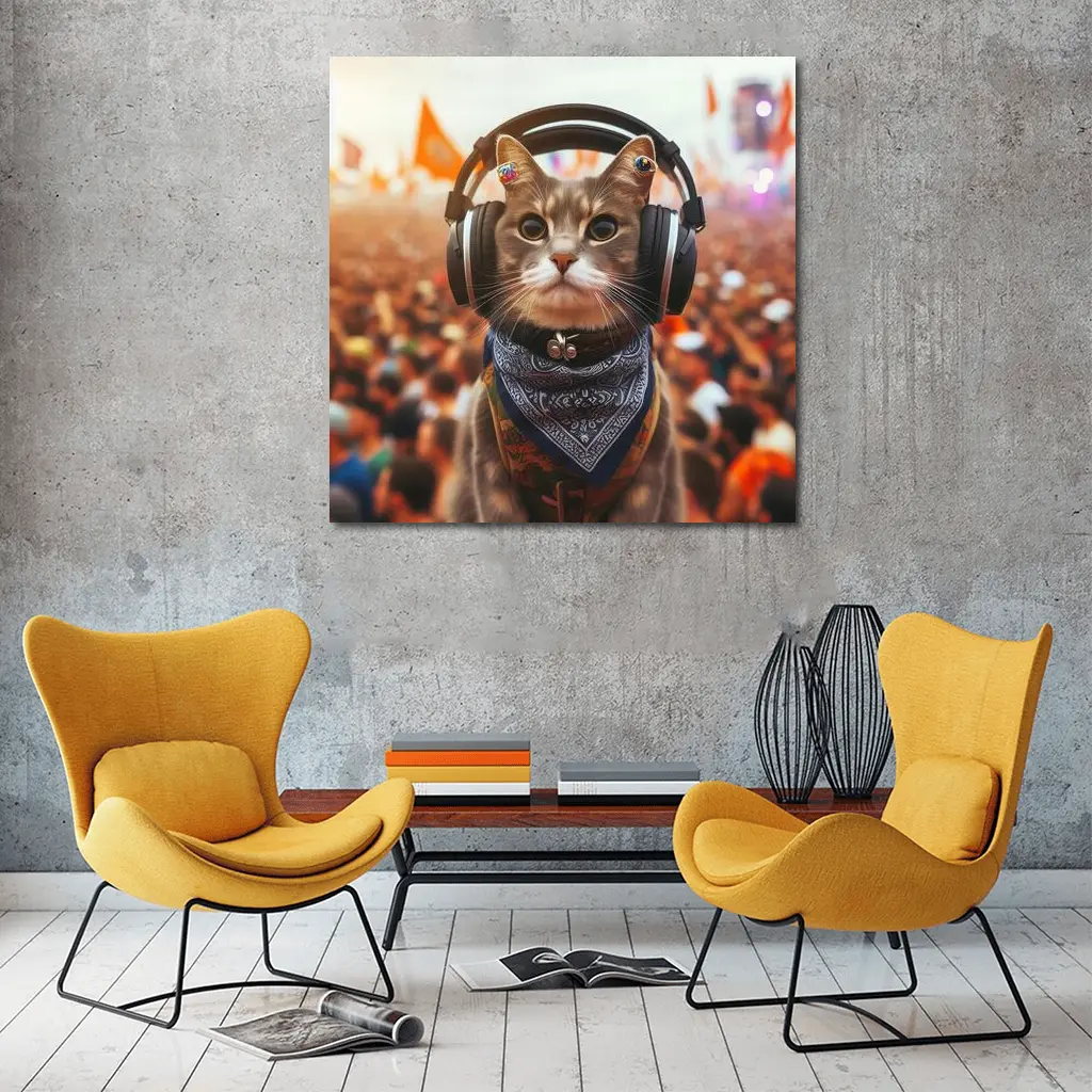 Cool Cat With Headphones At Music Festival – Wall Art