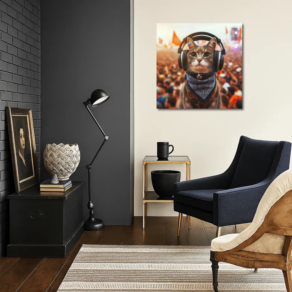 Cool Cat With Headphones At Music Festival – Wall Art