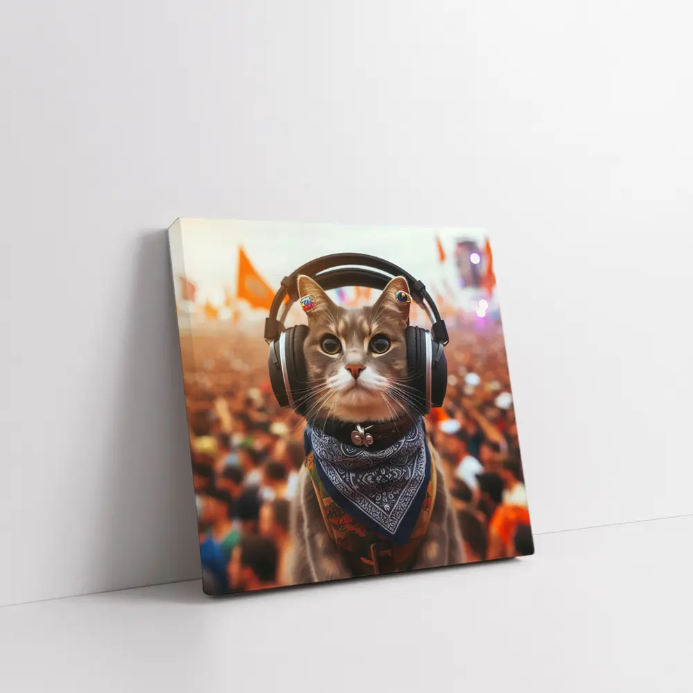 Cool Cat With Headphones At Music Festival – Wall Art