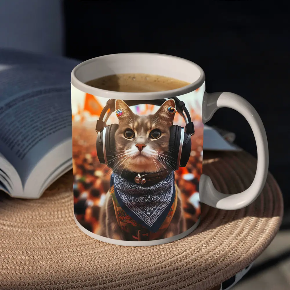 Cool Cat With Headphones At Music Festival – Mugs