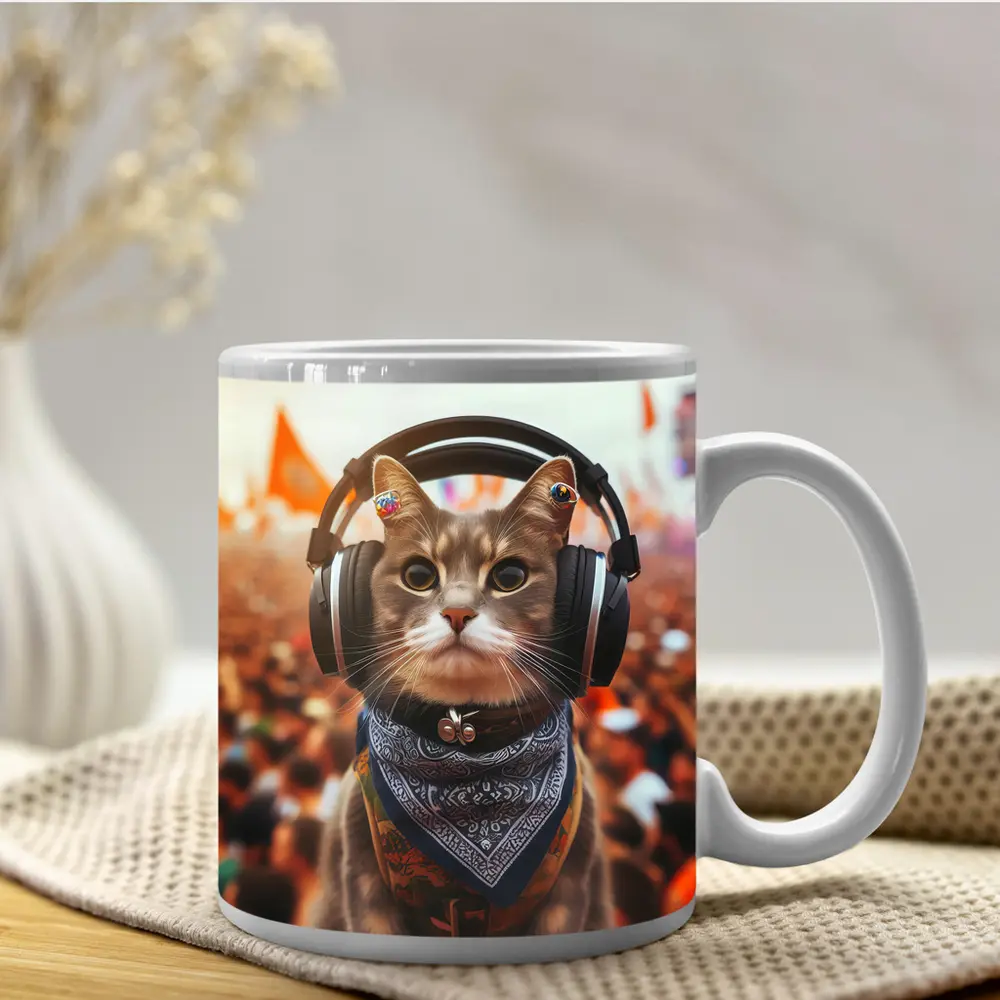 Cool Cat With Headphones At Music Festival – Mugs