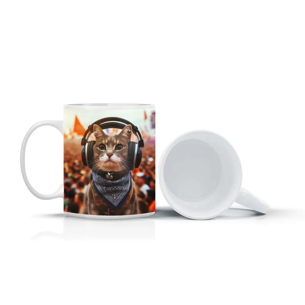 Cool Cat With Headphones At Music Festival – Mugs