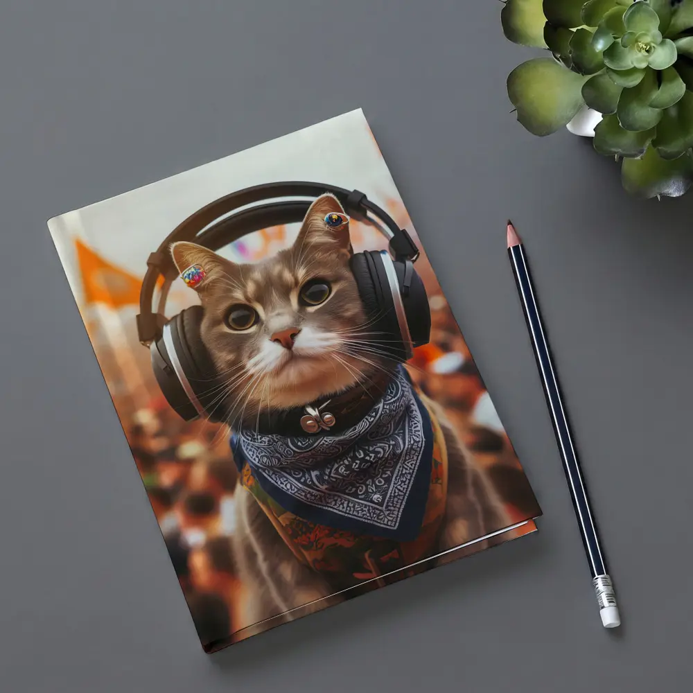 Cool Cat With Headphones At Music Festival – Notebooks