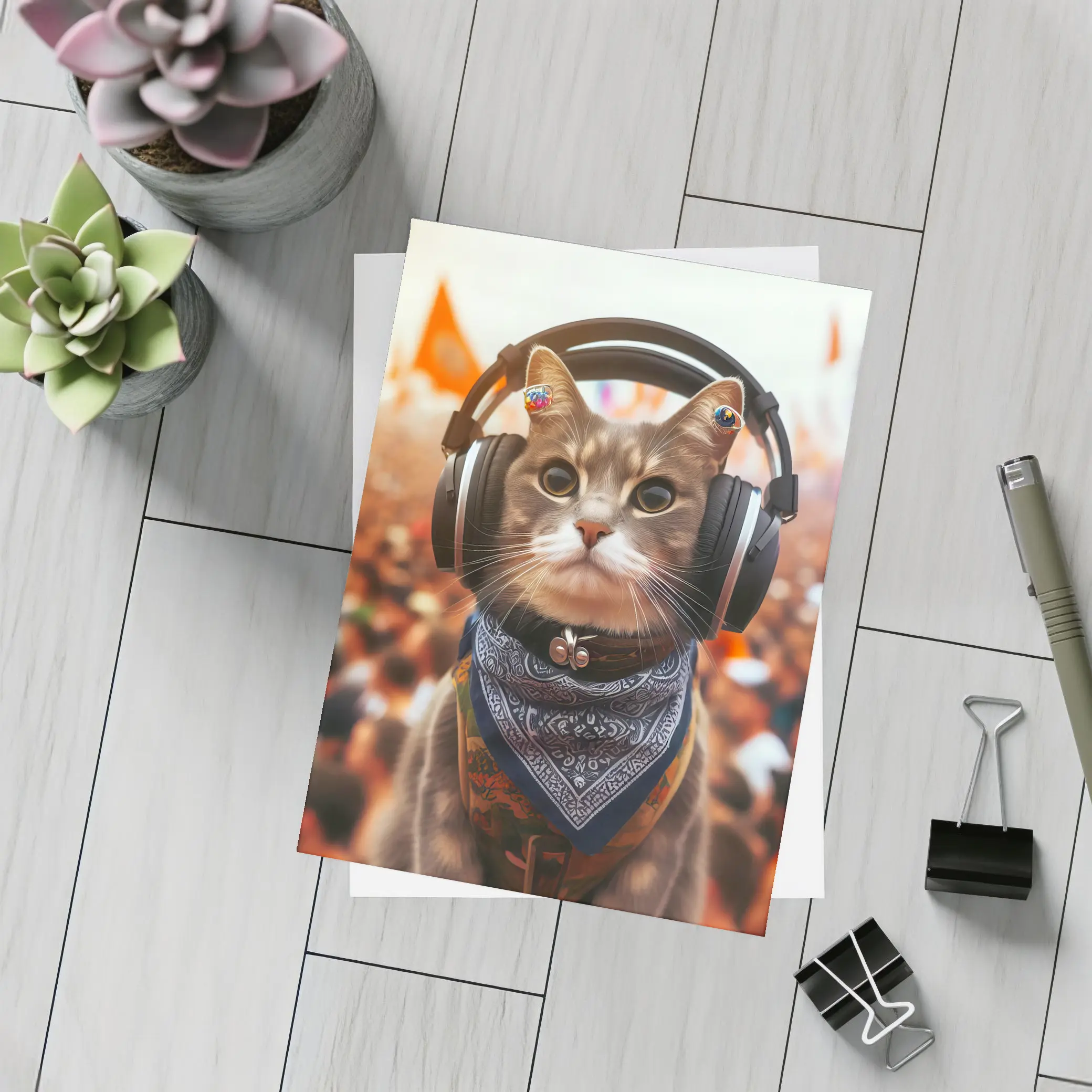 Cool Cat With Headphones At Music Festival – Postcards