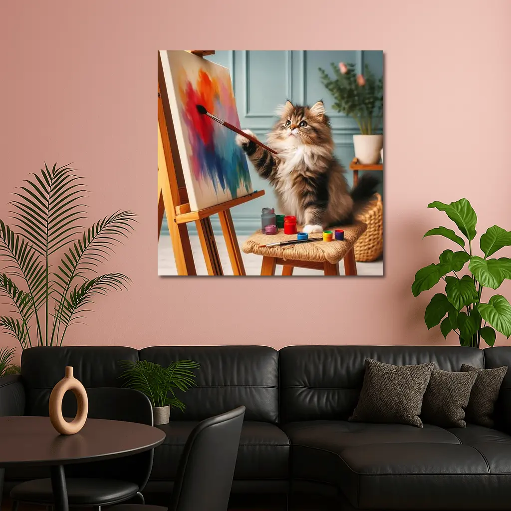 Fluffy Cat Painting on Canvas Art Studio – Wall Art