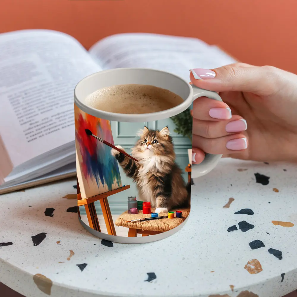 Fluffy Cat Painting on Canvas Art Studio – Mugs