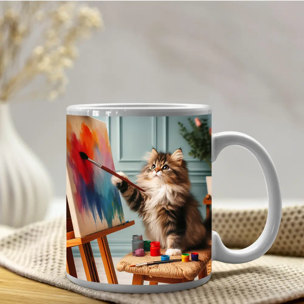 Fluffy Cat Painting on Canvas Art Studio – Mugs