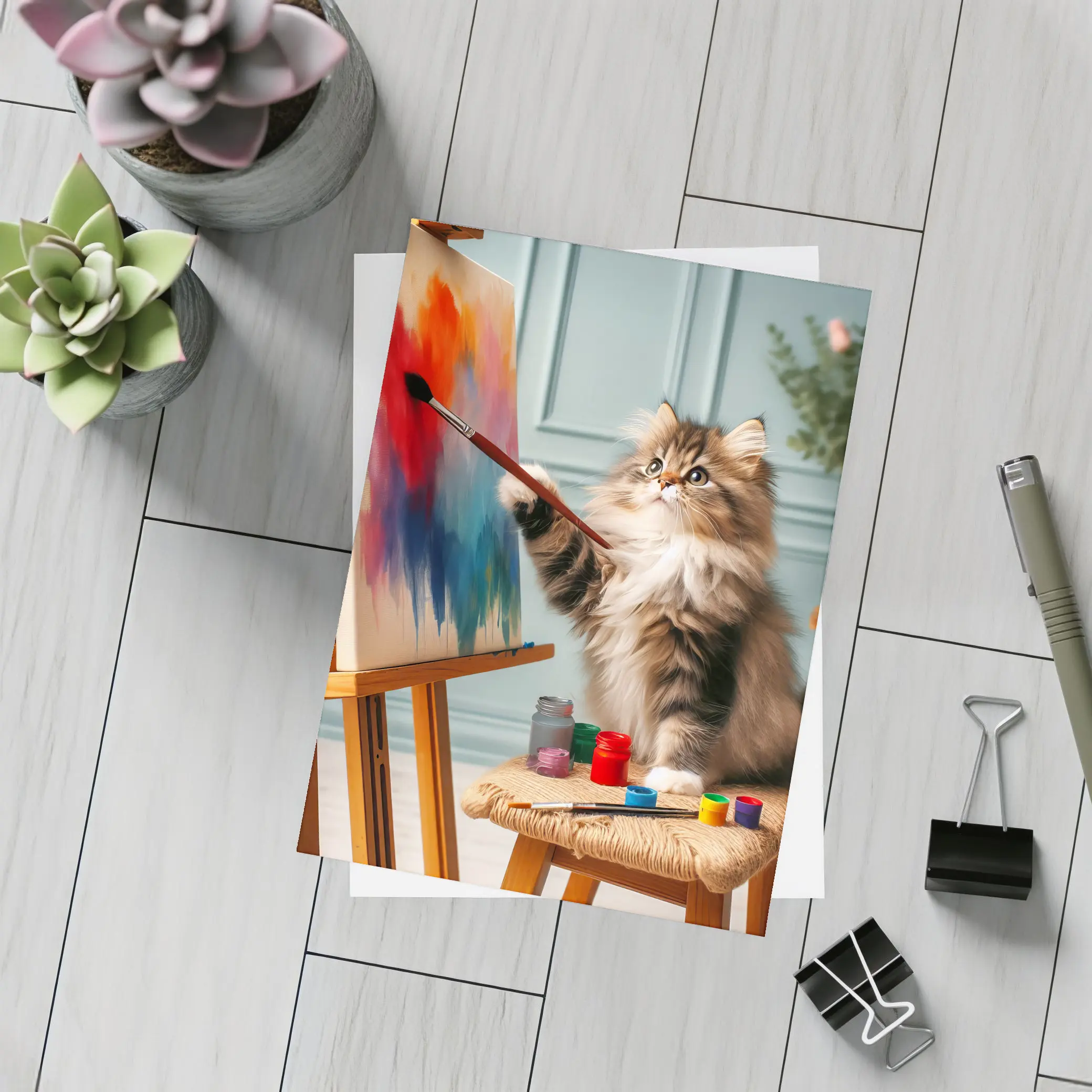 Fluffy Cat Painting on Canvas Art Studio – Postcards