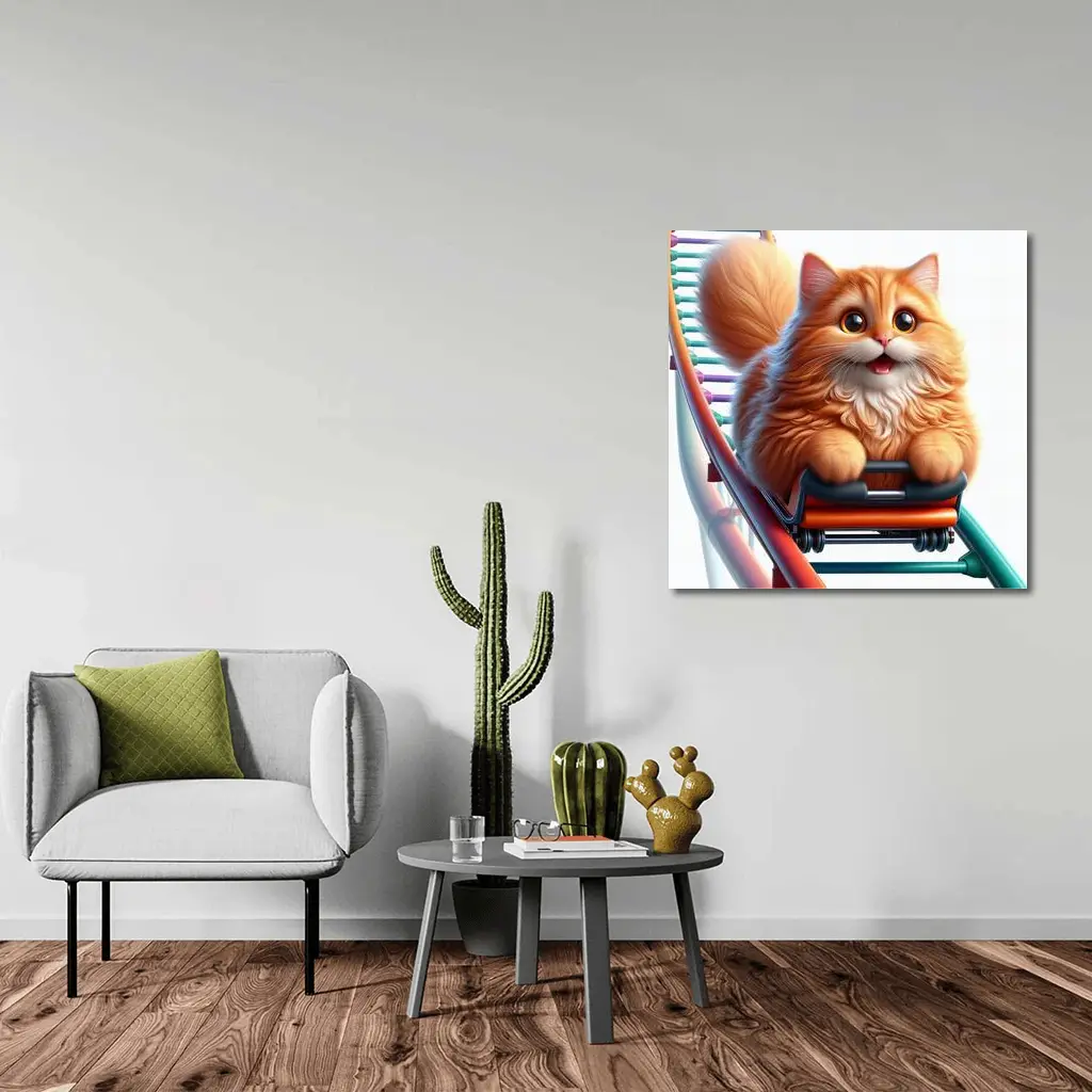 Fluffy Orange Cat Riding Roller Coaster – Wall Art