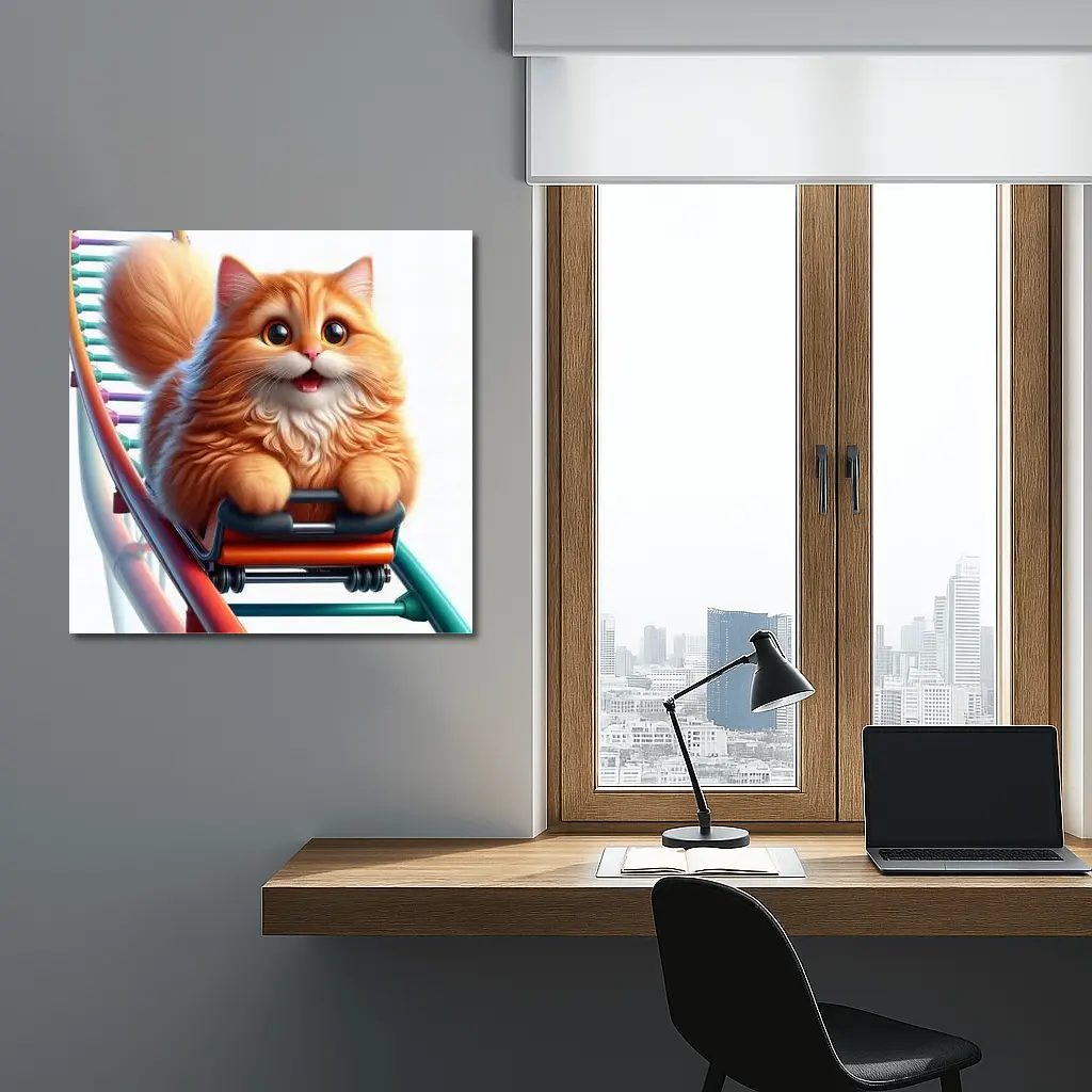 Fluffy Orange Cat Riding Roller Coaster – Wall Art