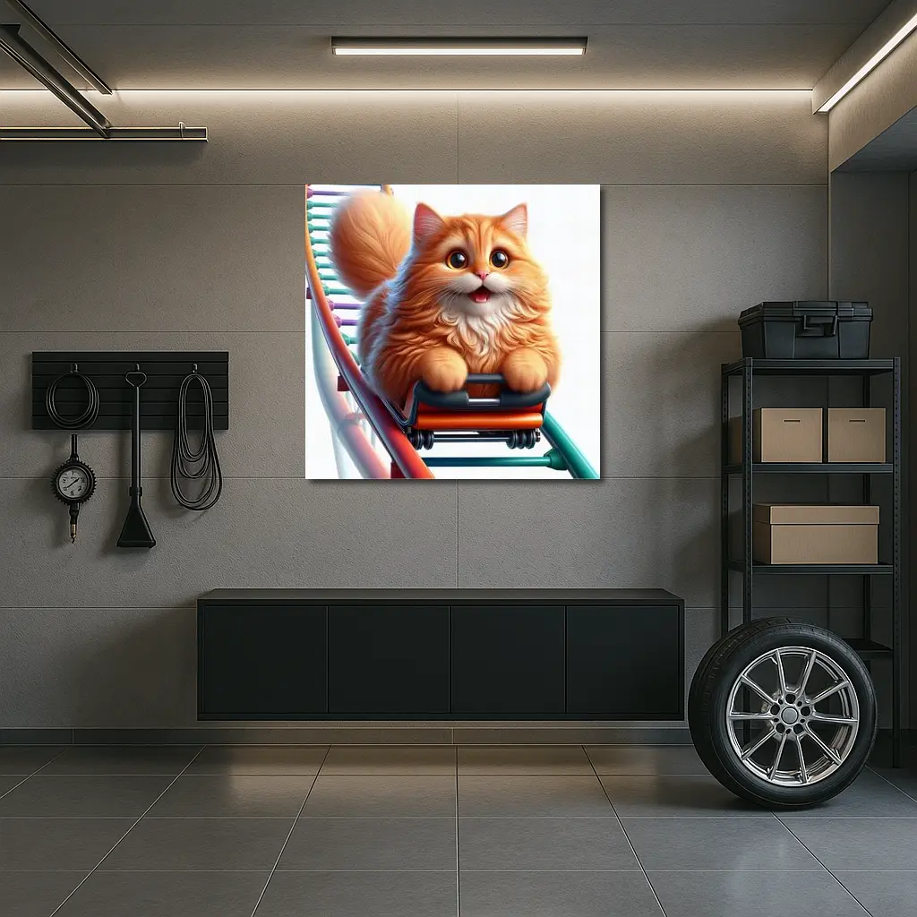 Fluffy Orange Cat Riding Roller Coaster – Wall Art