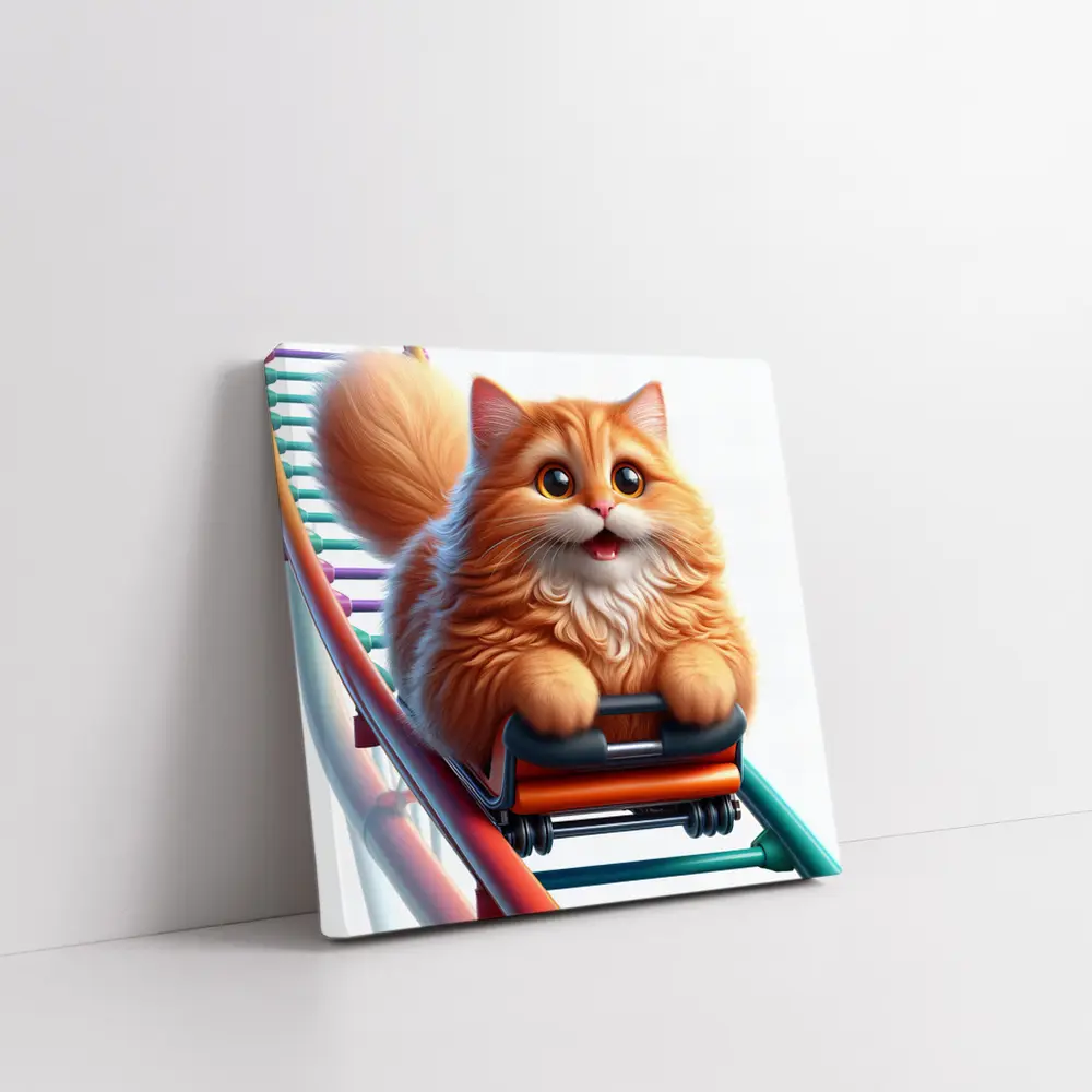 Fluffy Orange Cat Riding Roller Coaster – Wall Art