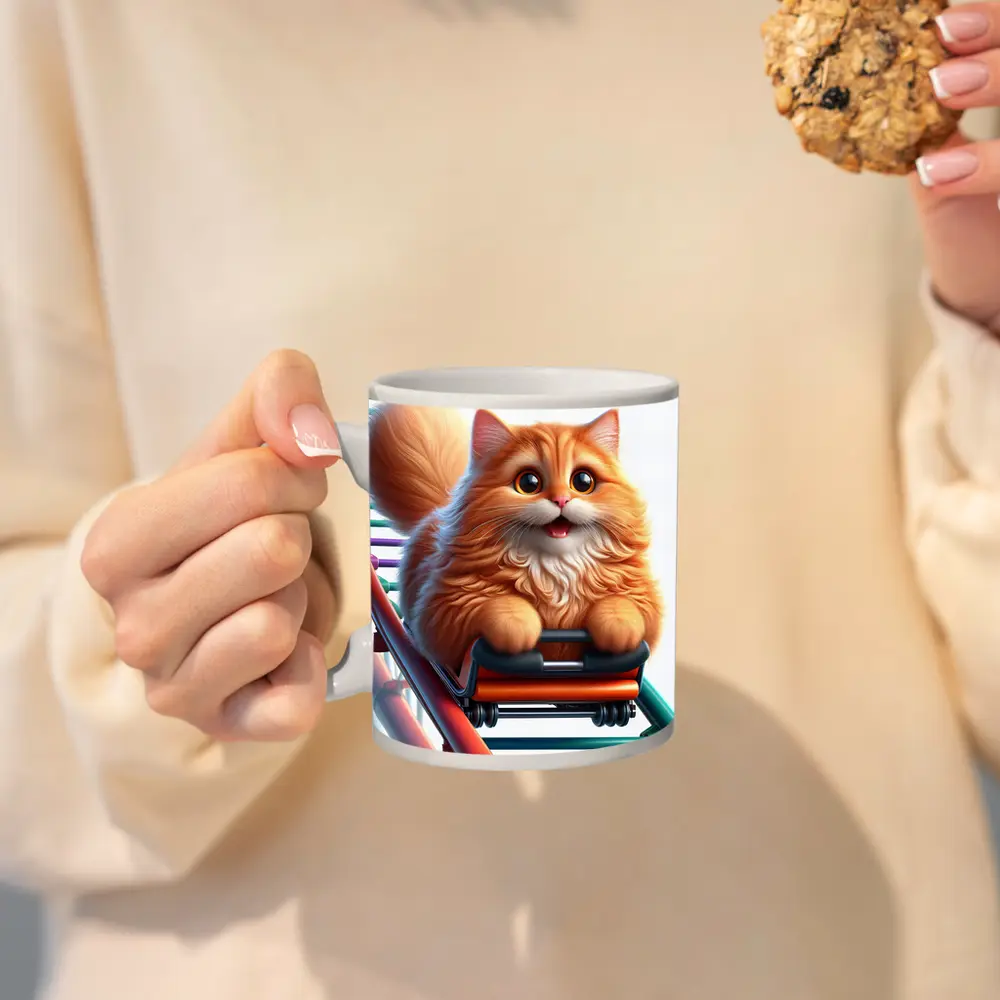 Fluffy Orange Cat Riding Roller Coaster – Mugs