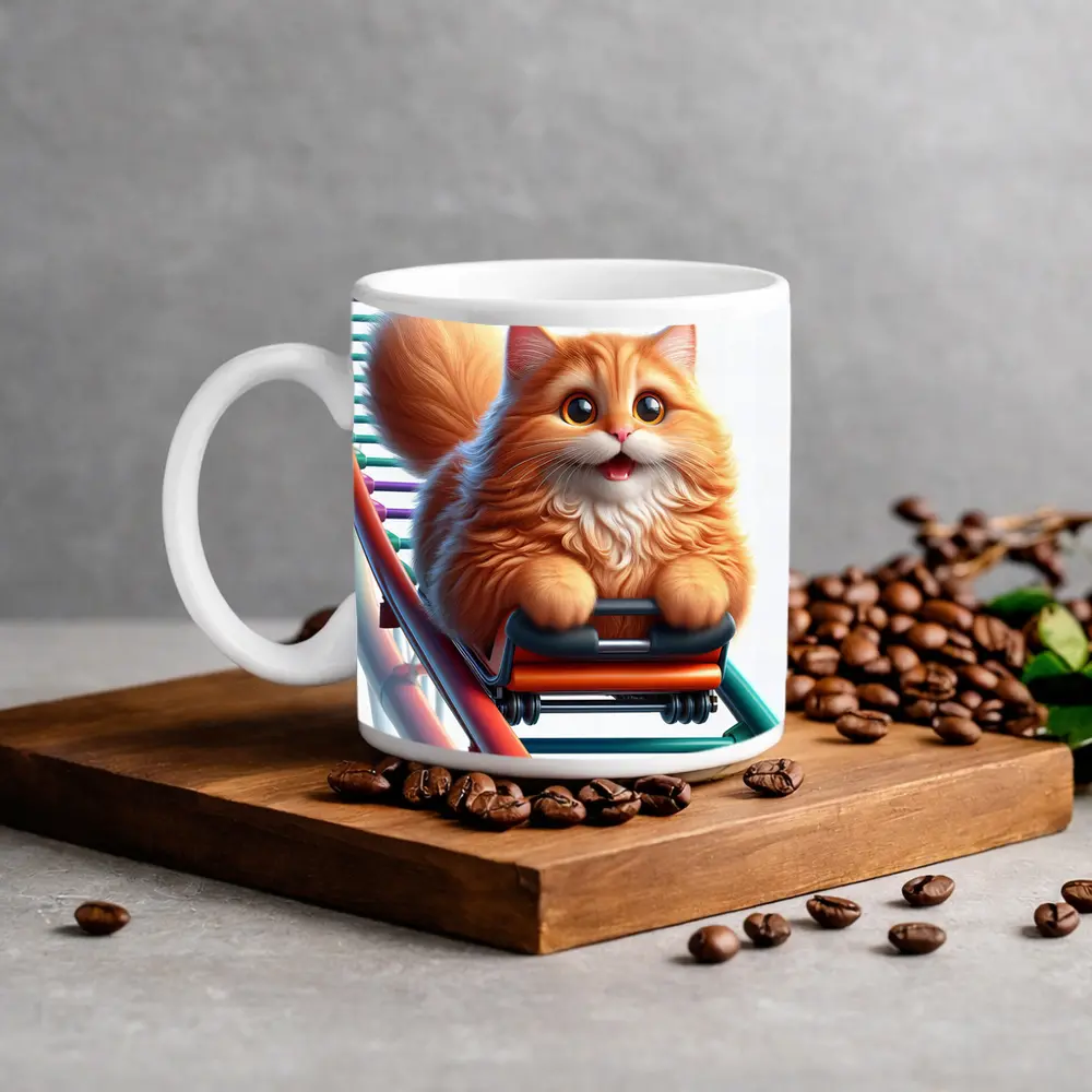 Fluffy Orange Cat Riding Roller Coaster – Mugs