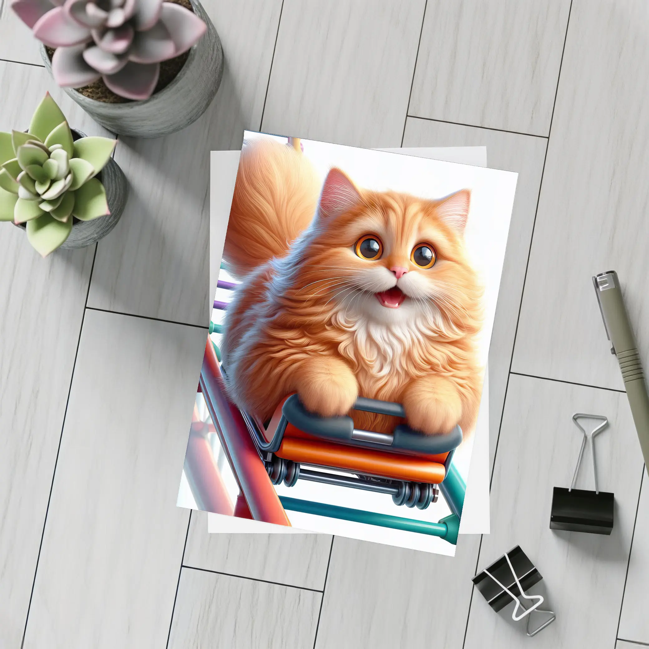 Fluffy Orange Cat Riding Roller Coaster – Postcards