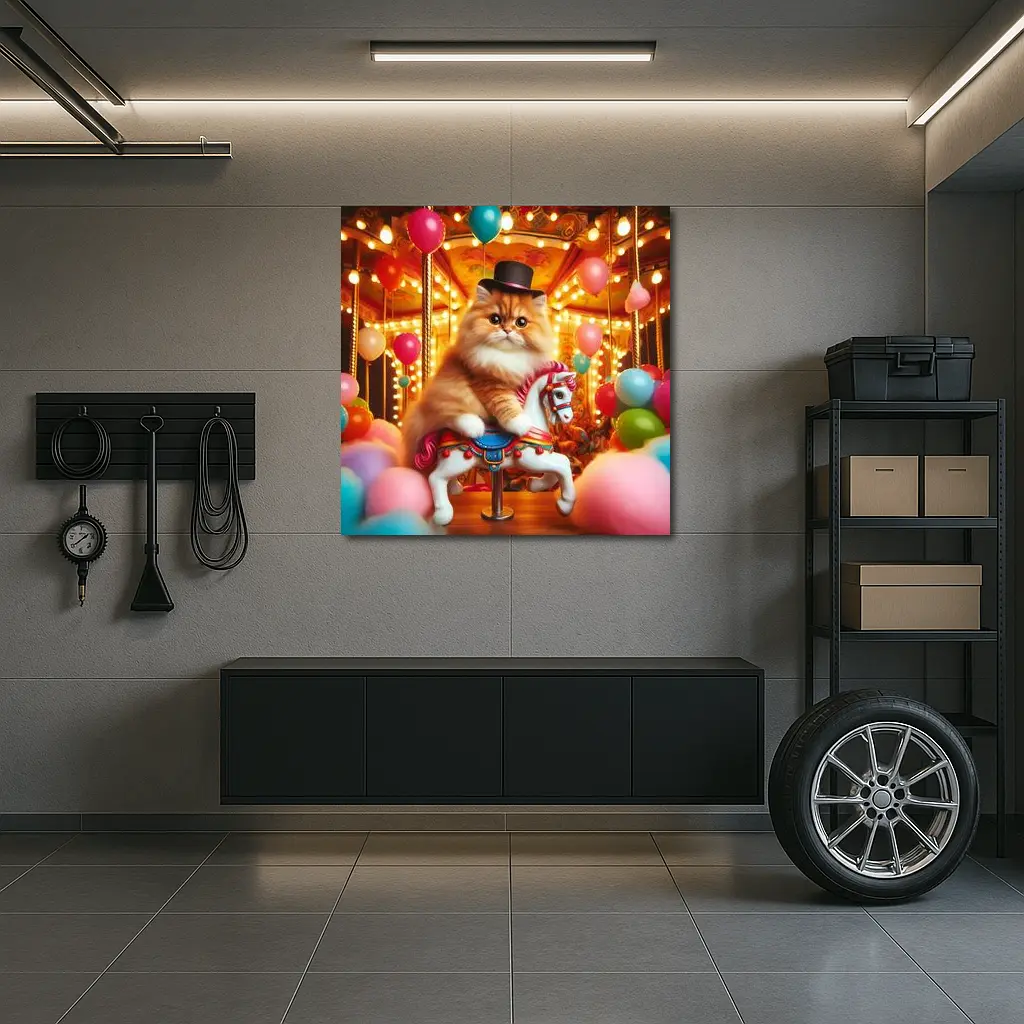 Persian Cat Riding Carousel Colorful Balloons – Wall Art