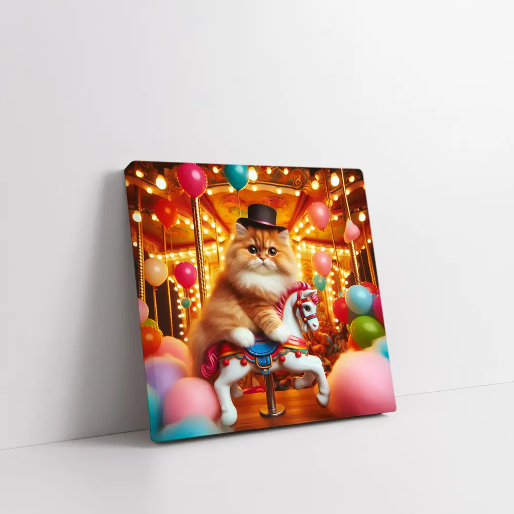 Persian Cat Riding Carousel Colorful Balloons – Wall Art