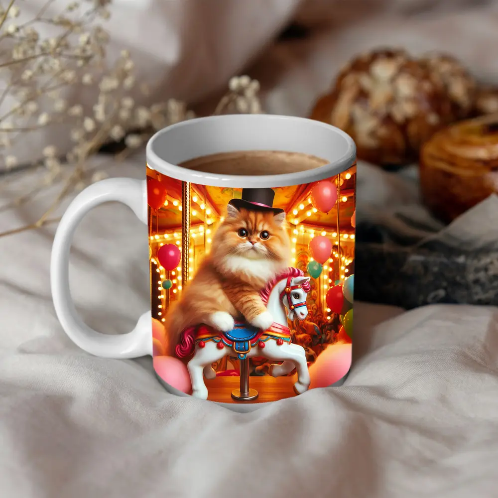 Persian Cat Riding Carousel Colorful Balloons – Mugs