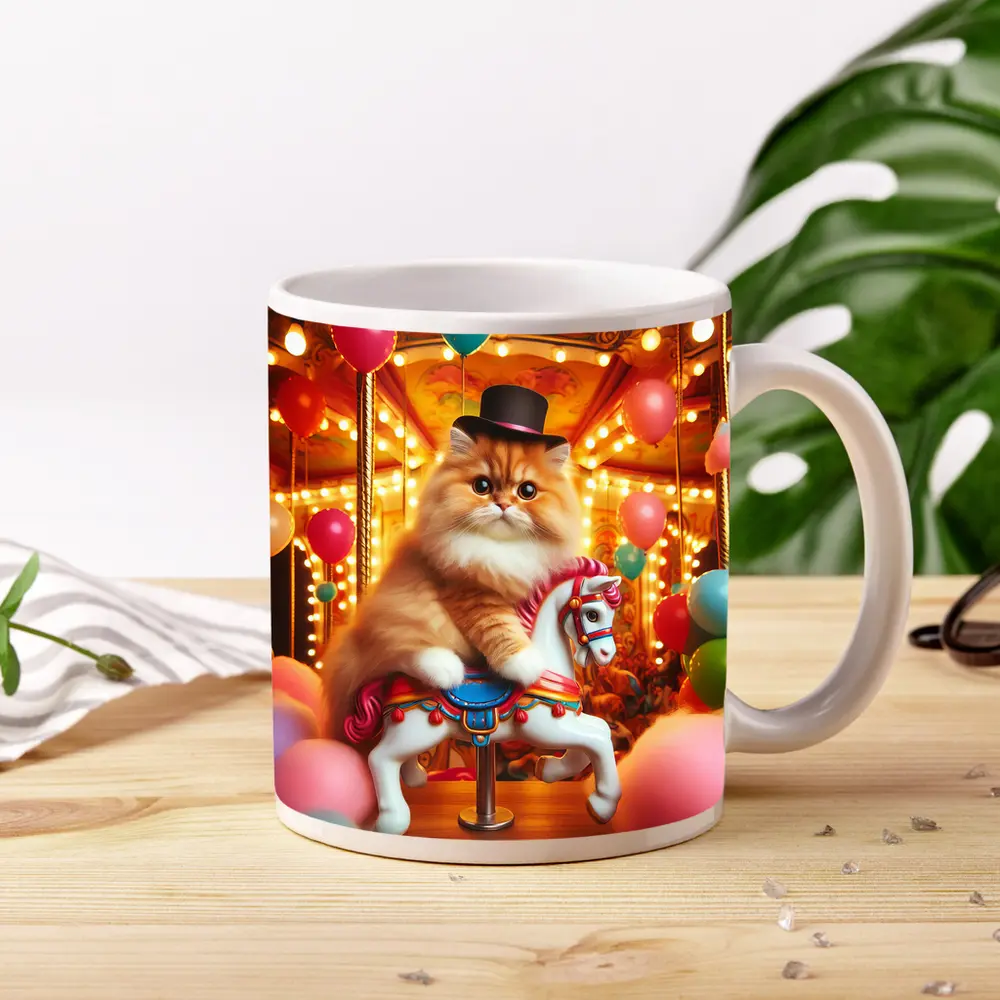 Persian Cat Riding Carousel Colorful Balloons – Mugs