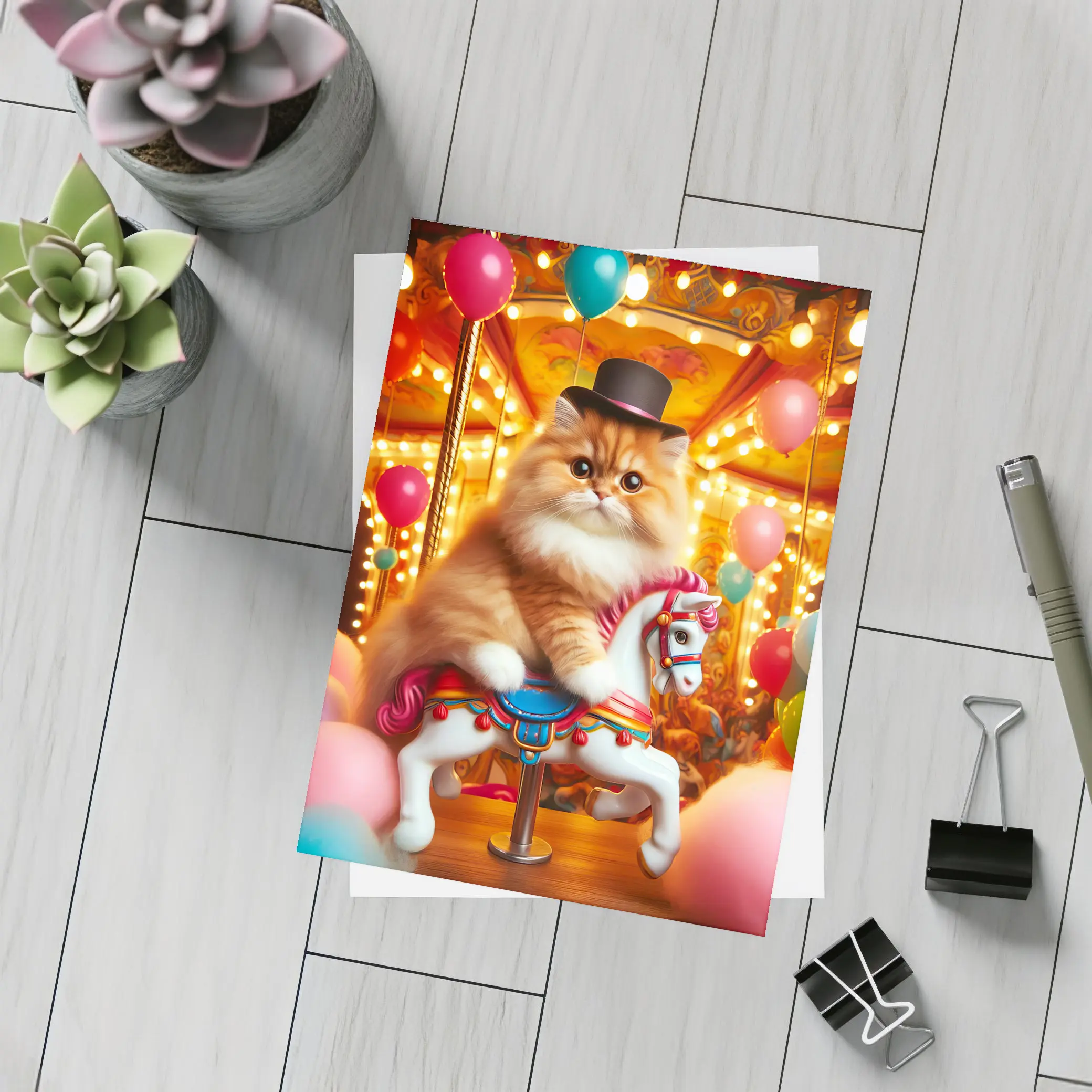 Persian Cat Riding Carousel Colorful Balloons – Postcards
