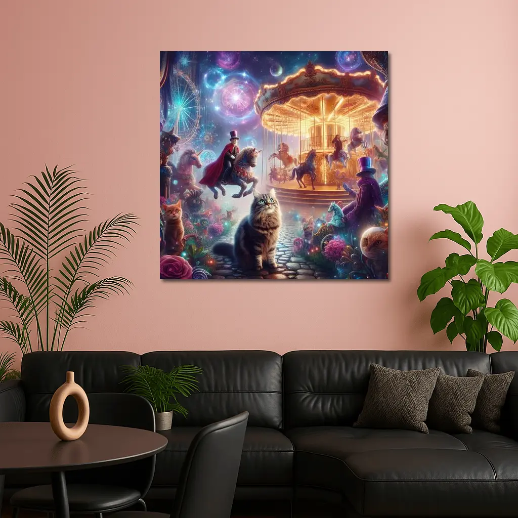 Fantasy Cats Magical Carousel Night Scene – Wall Art