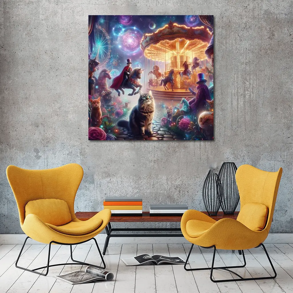Fantasy Cats Magical Carousel Night Scene – Wall Art