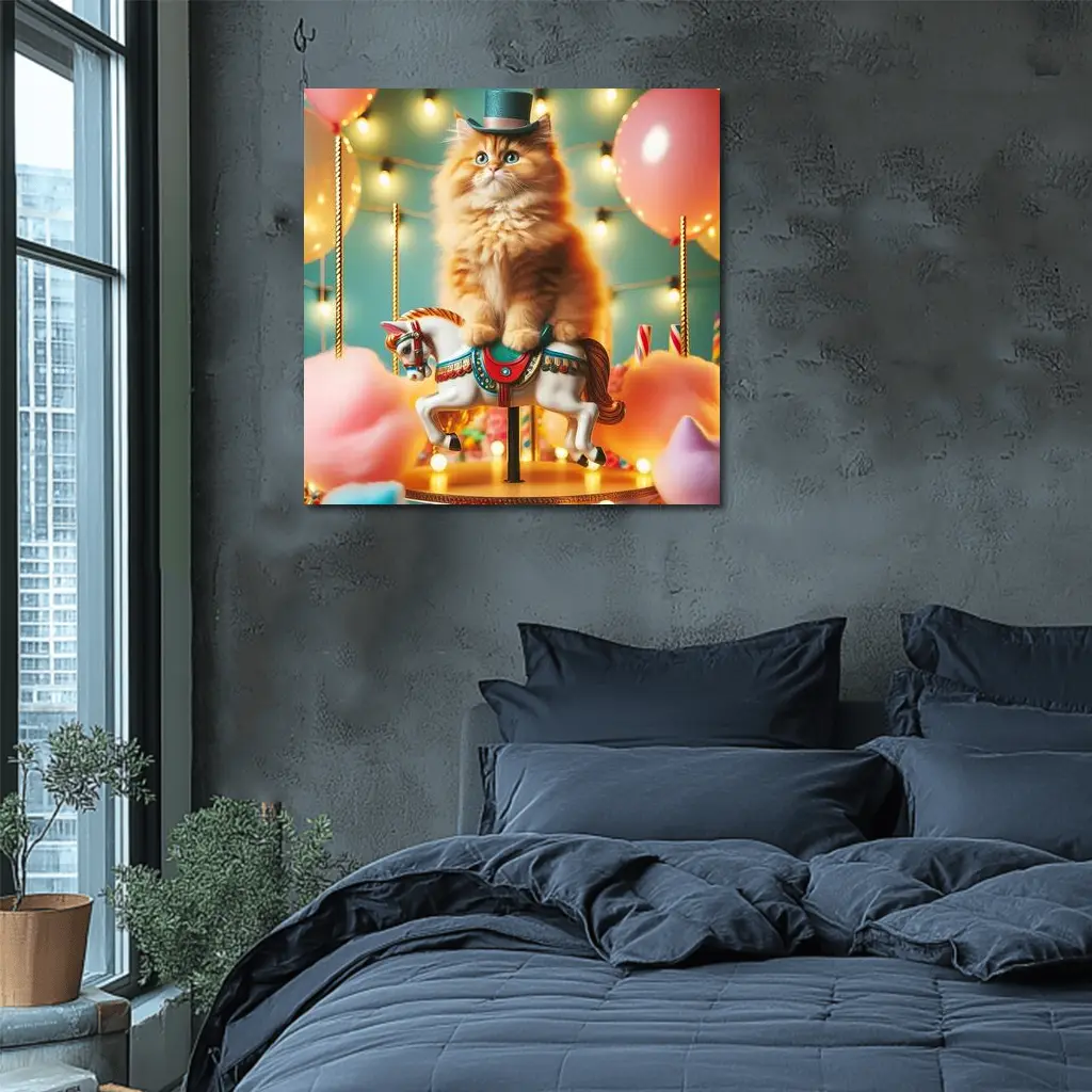 Orange Cat Riding Carousel Horse Fairground – Wall Art