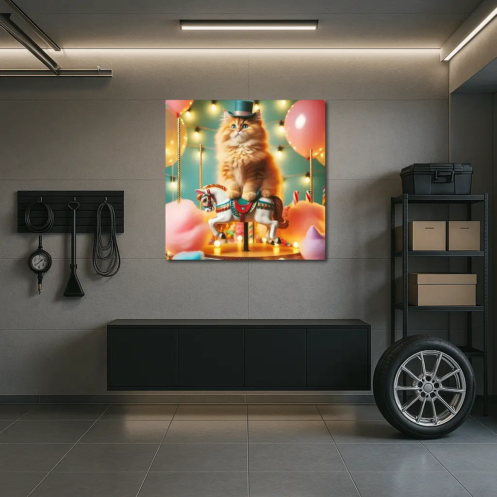 Orange Cat Riding Carousel Horse Fairground – Wall Art
