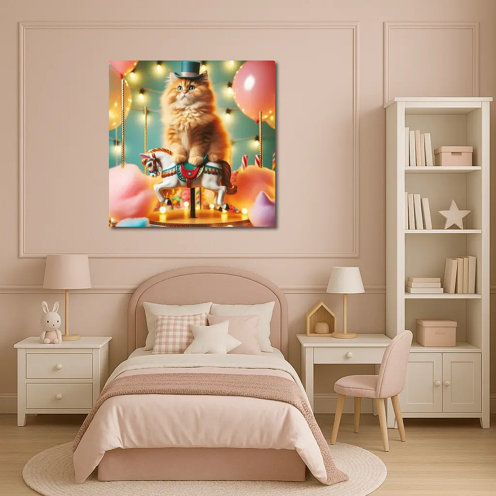 Orange Cat Riding Carousel Horse Fairground – Wall Art