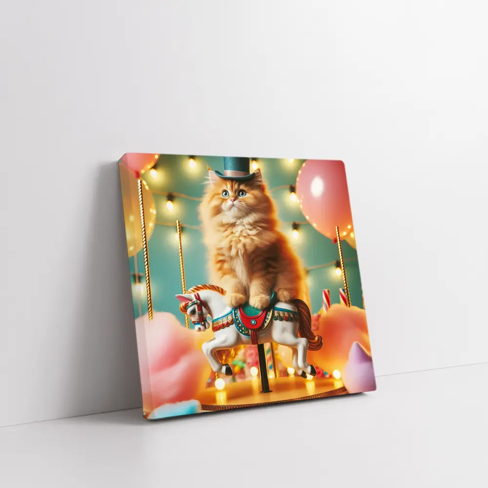 Orange Cat Riding Carousel Horse Fairground – Wall Art