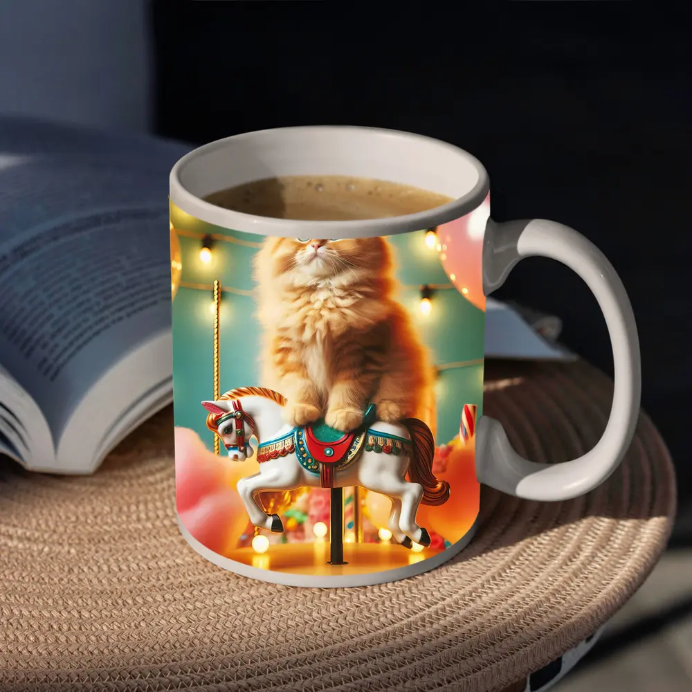 Orange Cat Riding Carousel Horse Fairground – Mugs
