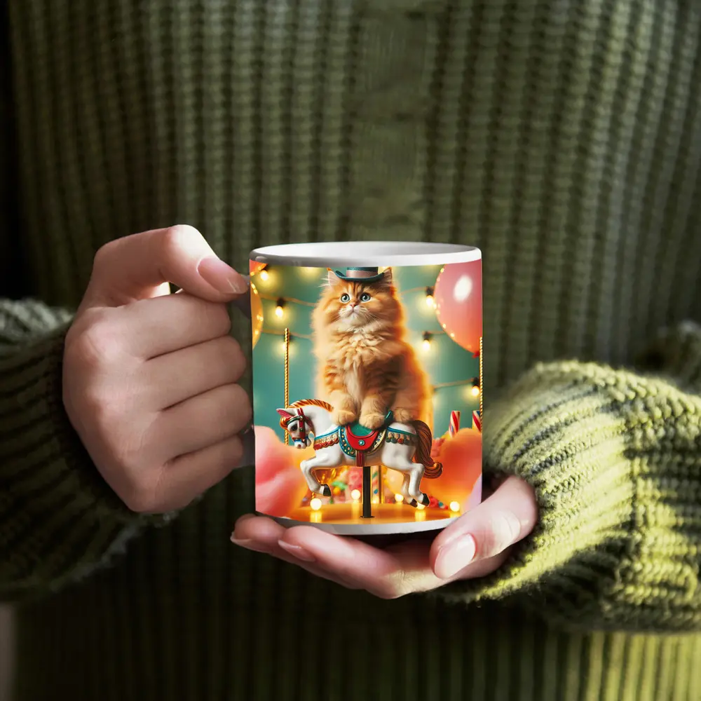 Orange Cat Riding Carousel Horse Fairground – Mugs