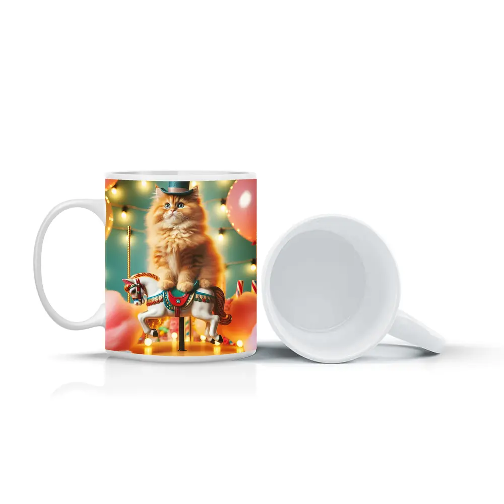 Orange Cat Riding Carousel Horse Fairground – Mugs