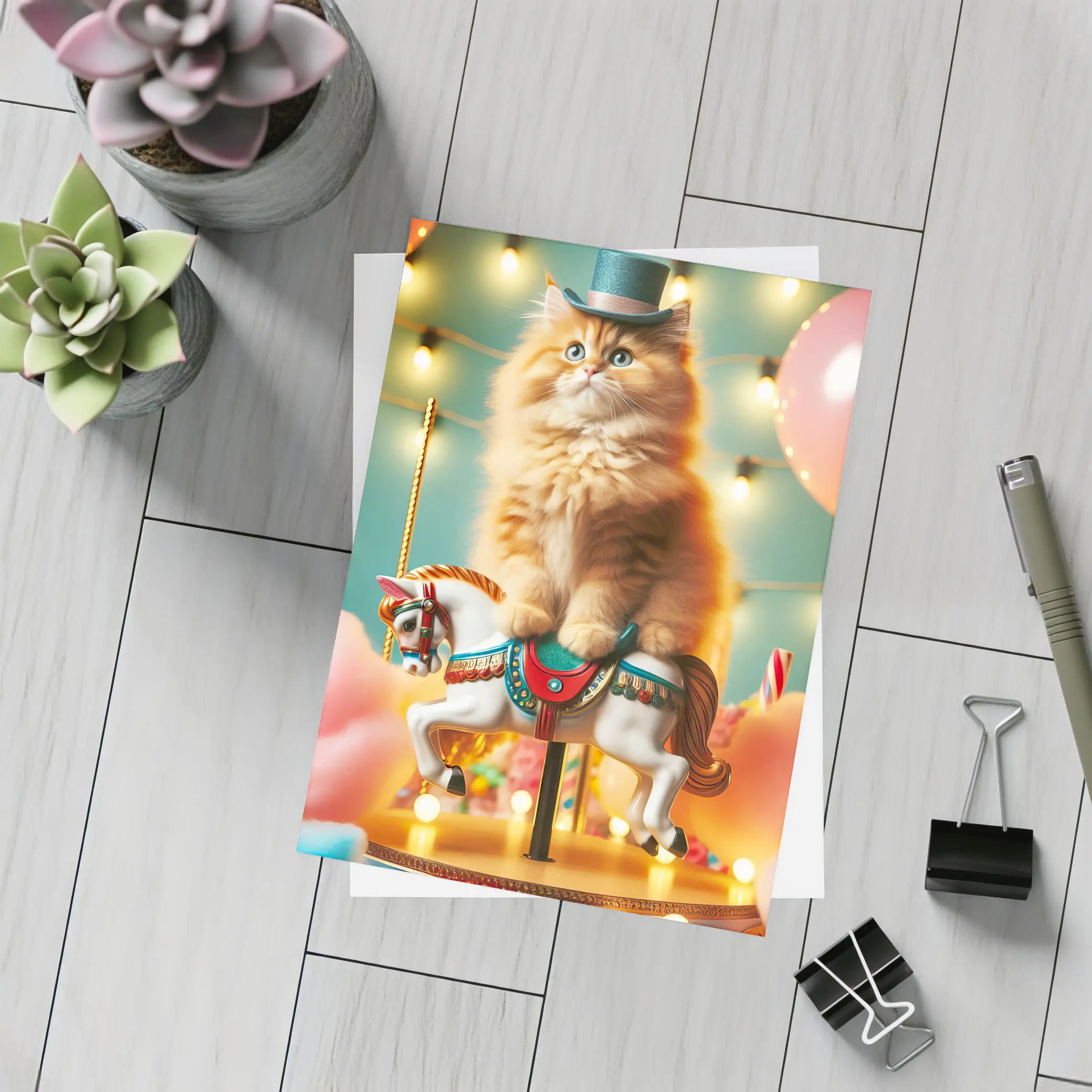 Orange Cat Riding Carousel Horse Fairground – Postcards