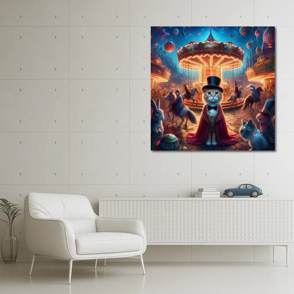 Cat Magician At Glowing Carnival Carousel Night – Wall Art