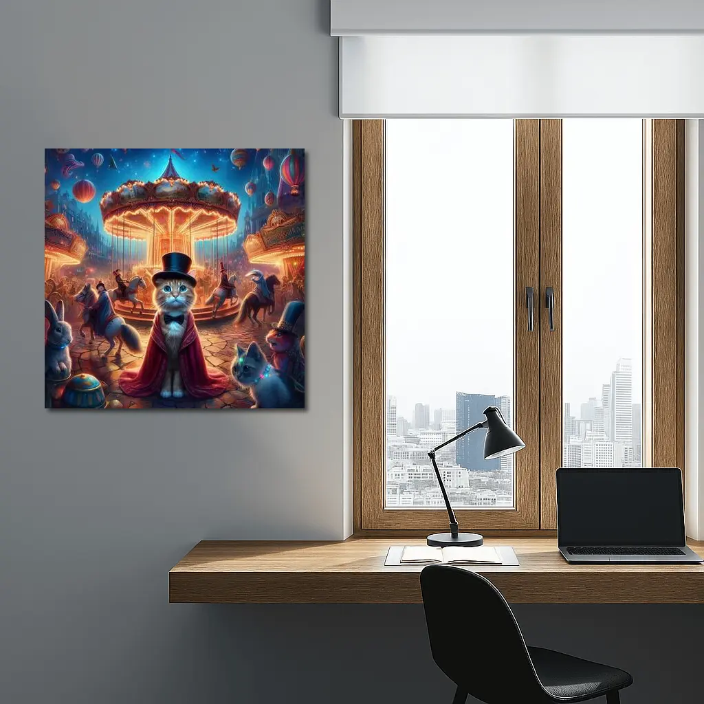 Cat Magician At Glowing Carnival Carousel Night – Wall Art