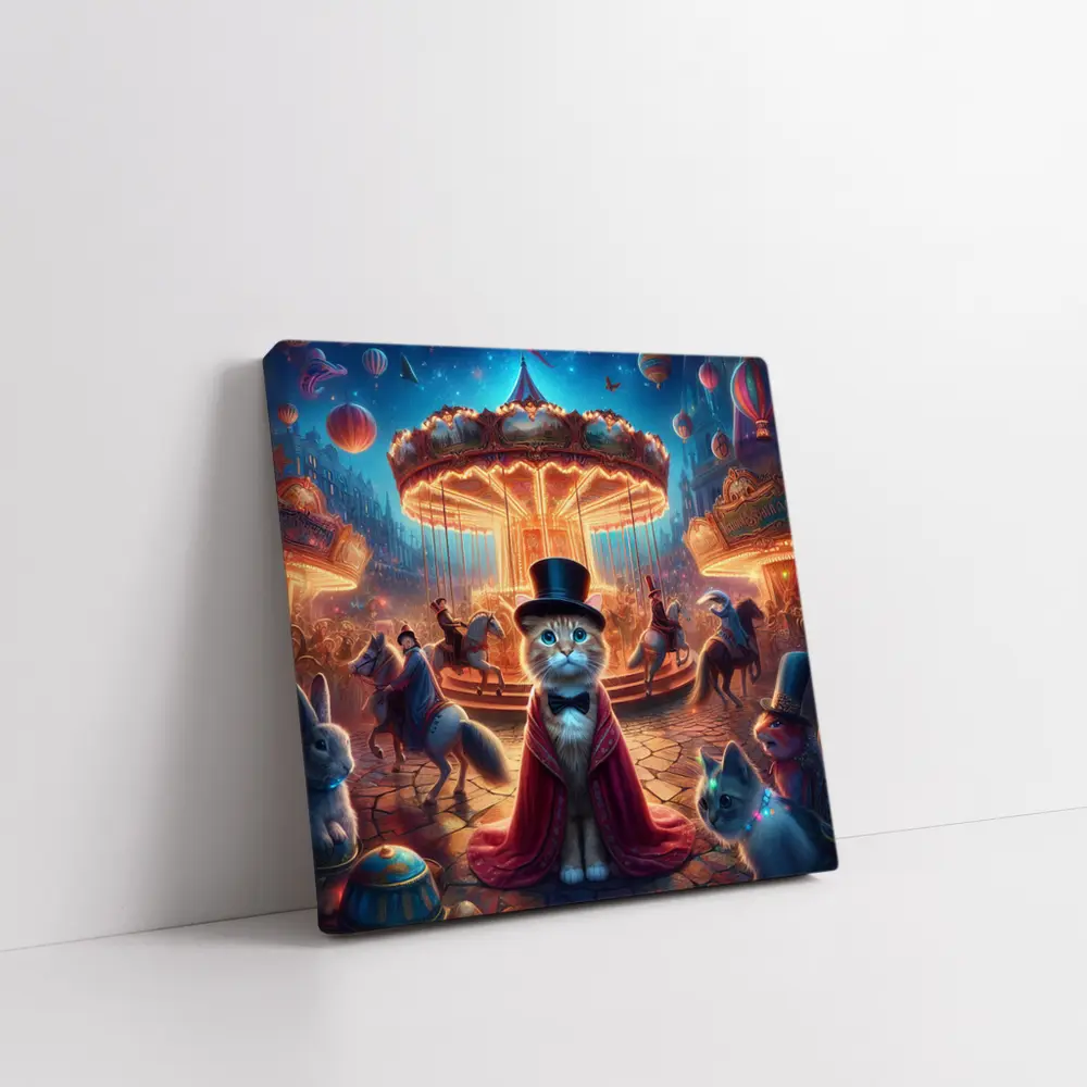 Cat Magician At Glowing Carnival Carousel Night – Wall Art