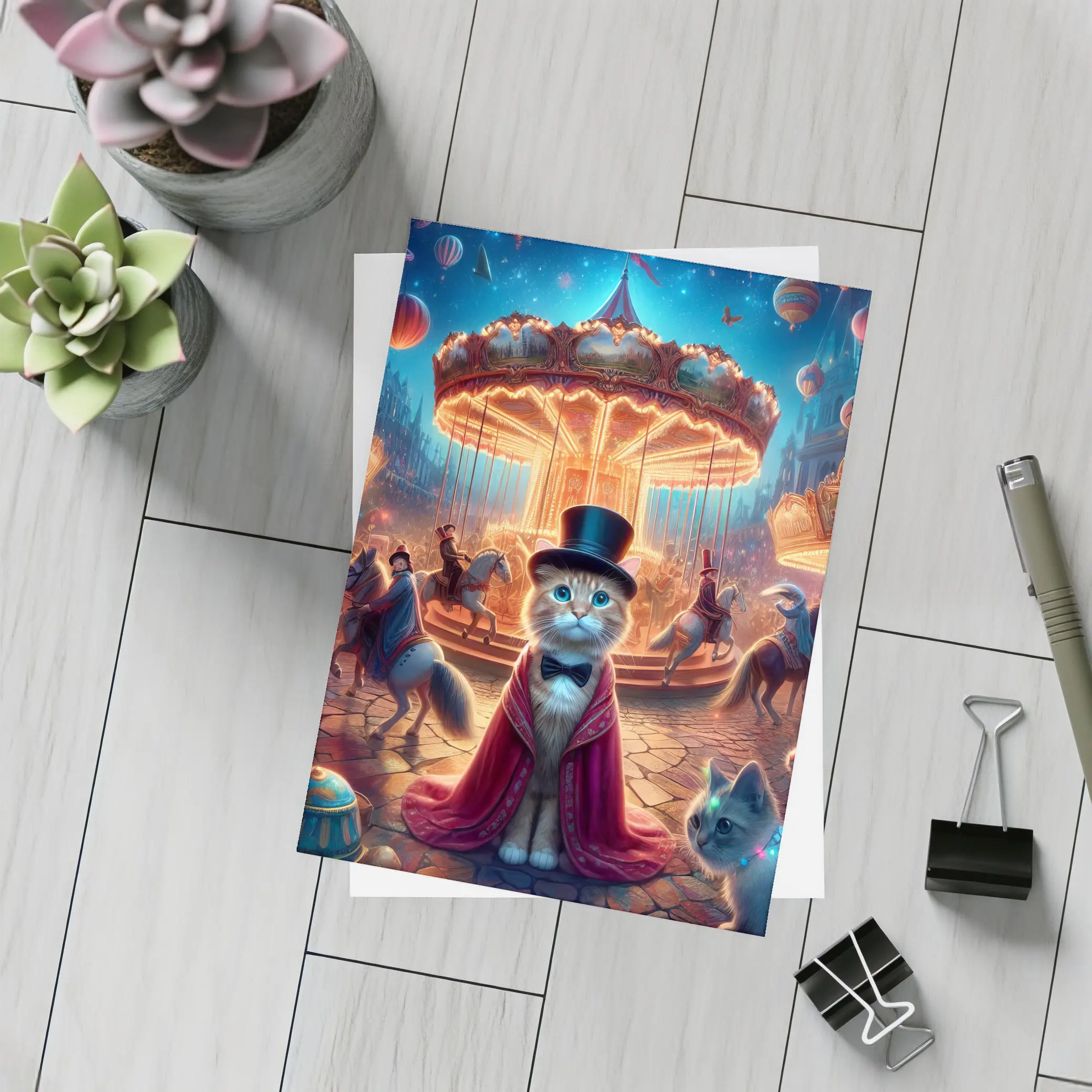 Cat Magician At Glowing Carnival Carousel Night – Postcards