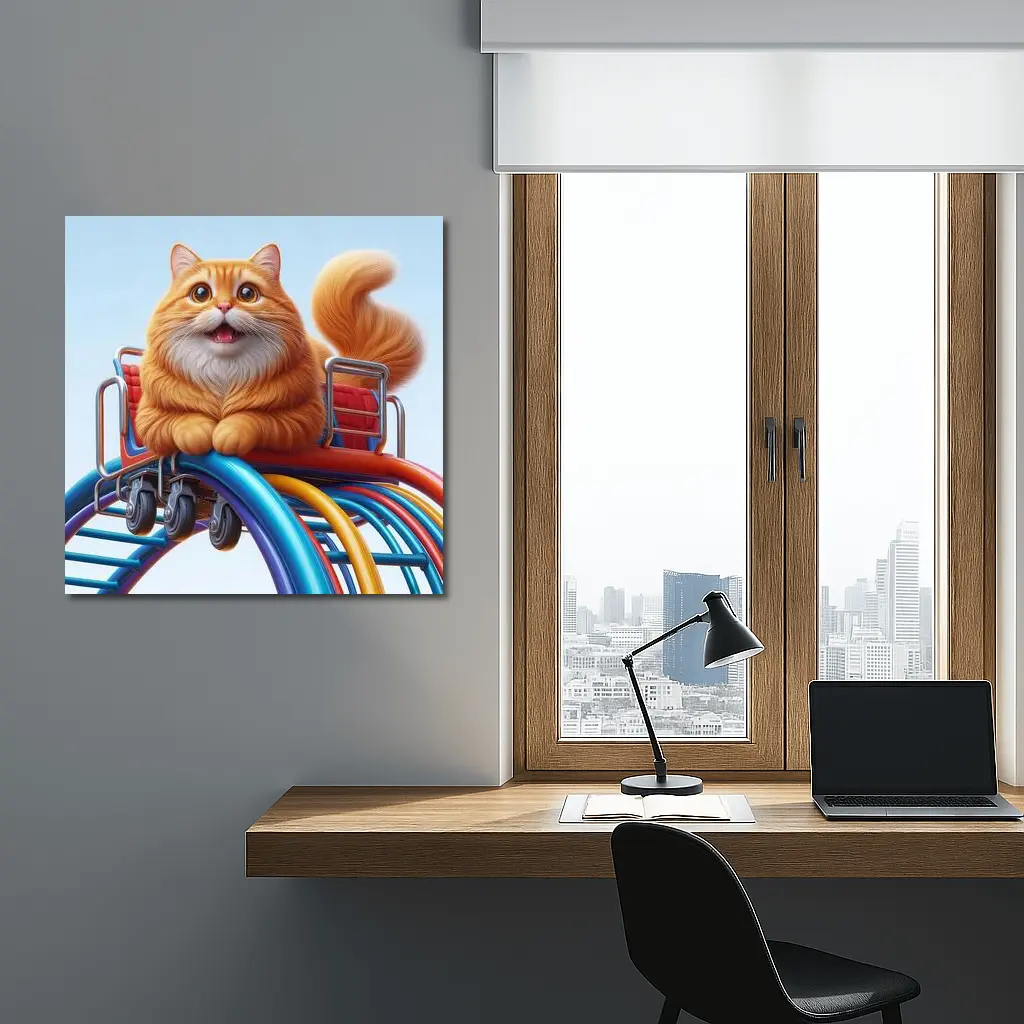 Orange Cat Riding Roller Coaster Cartoon Art – Wall Art