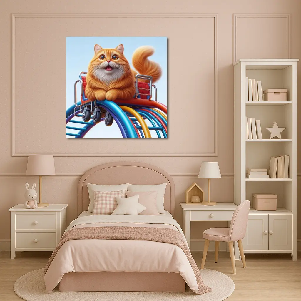 Orange Cat Riding Roller Coaster Cartoon Art – Wall Art