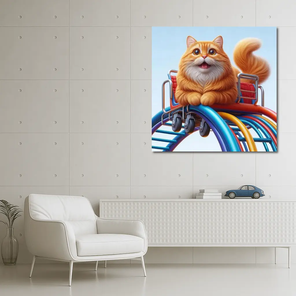 Orange Cat Riding Roller Coaster Cartoon Art – Wall Art