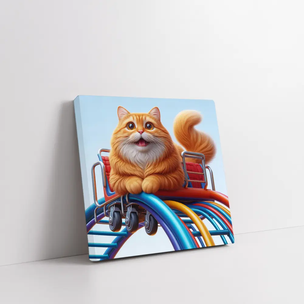 Orange Cat Riding Roller Coaster Cartoon Art – Wall Art