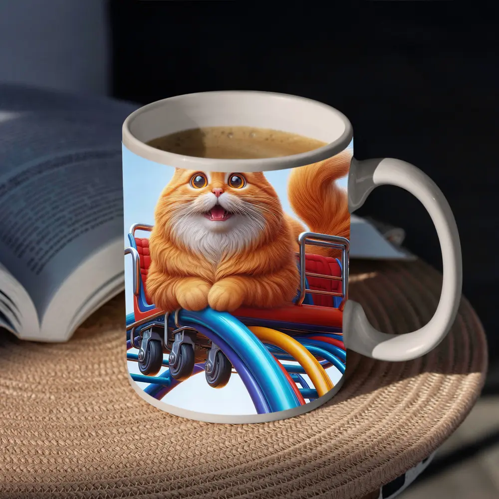 Orange Cat Riding Roller Coaster Cartoon Art – Mugs